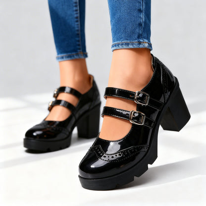 Chic Mary Jane Shoes for Women with Round Toe Double Strap Platform Block Heel Brogue Style