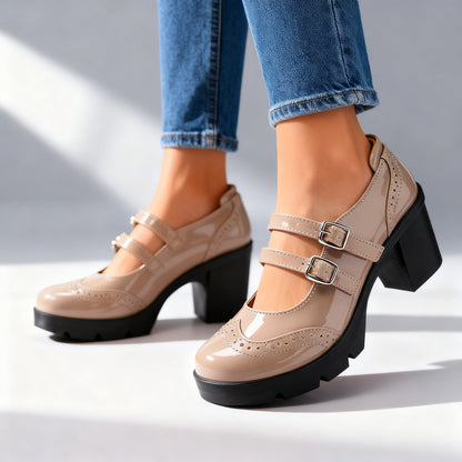 Chic Mary Jane Shoes for Women with Round Toe Double Strap Platform Block Heel Brogue Style