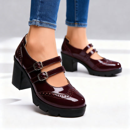 Chic Mary Jane Shoes for Women with Round Toe Double Strap Platform Block Heel Brogue Style