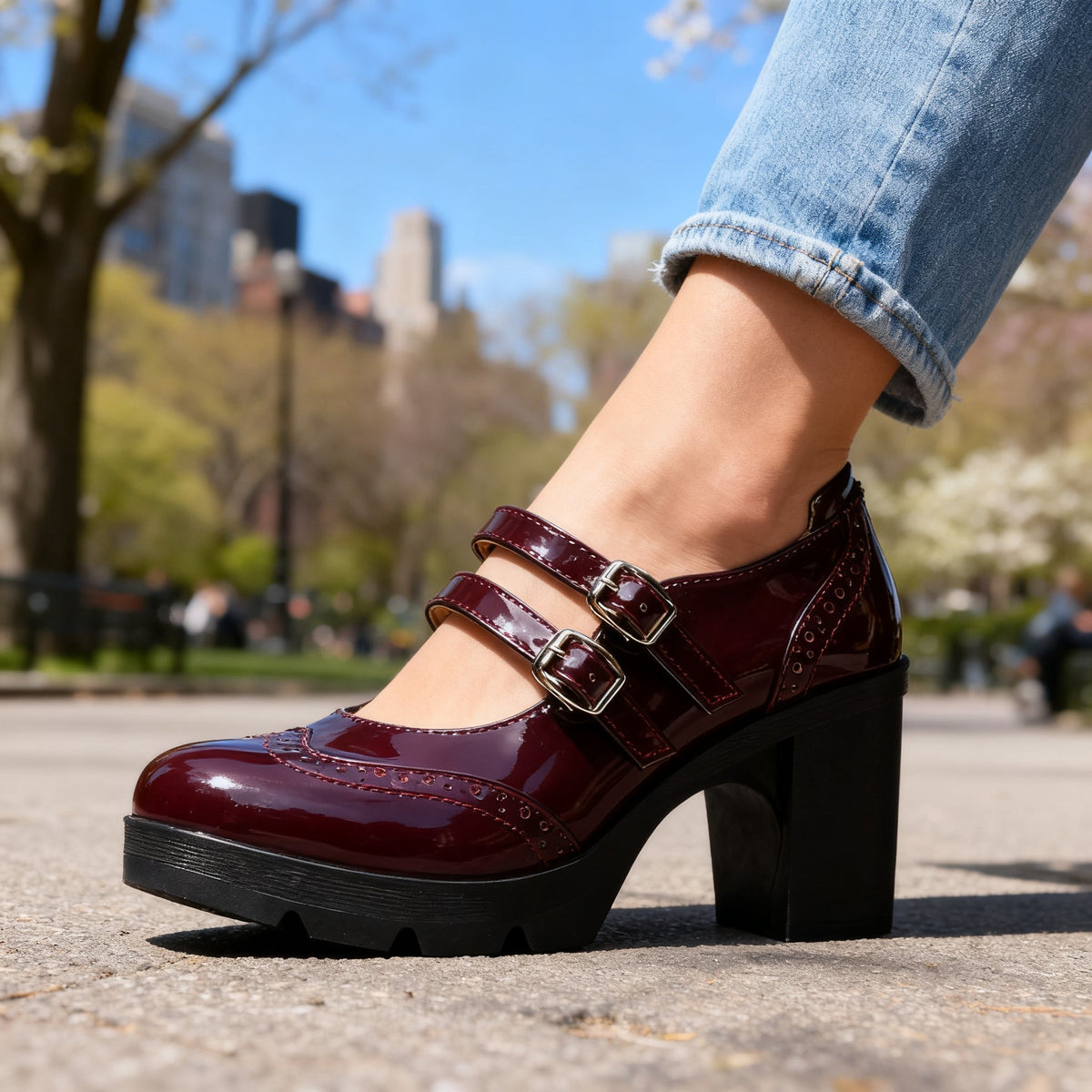 Chic Mary Jane Shoes for Women with Round Toe Double Strap Platform Block Heel Brogue Style