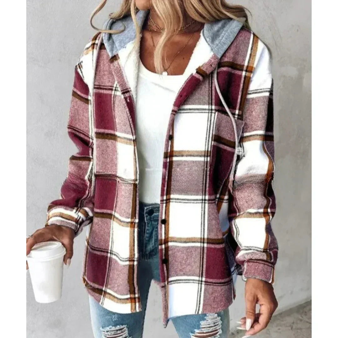 Effortless Plaid Flannel Jacket for Women with Hooded Button Front Sherpa Lined Casual Style