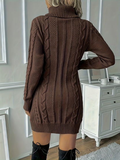 Comfortable Cable Knit Sweater Dress for Women with Turtleneck Long Sleeve Bodycon Mini Style