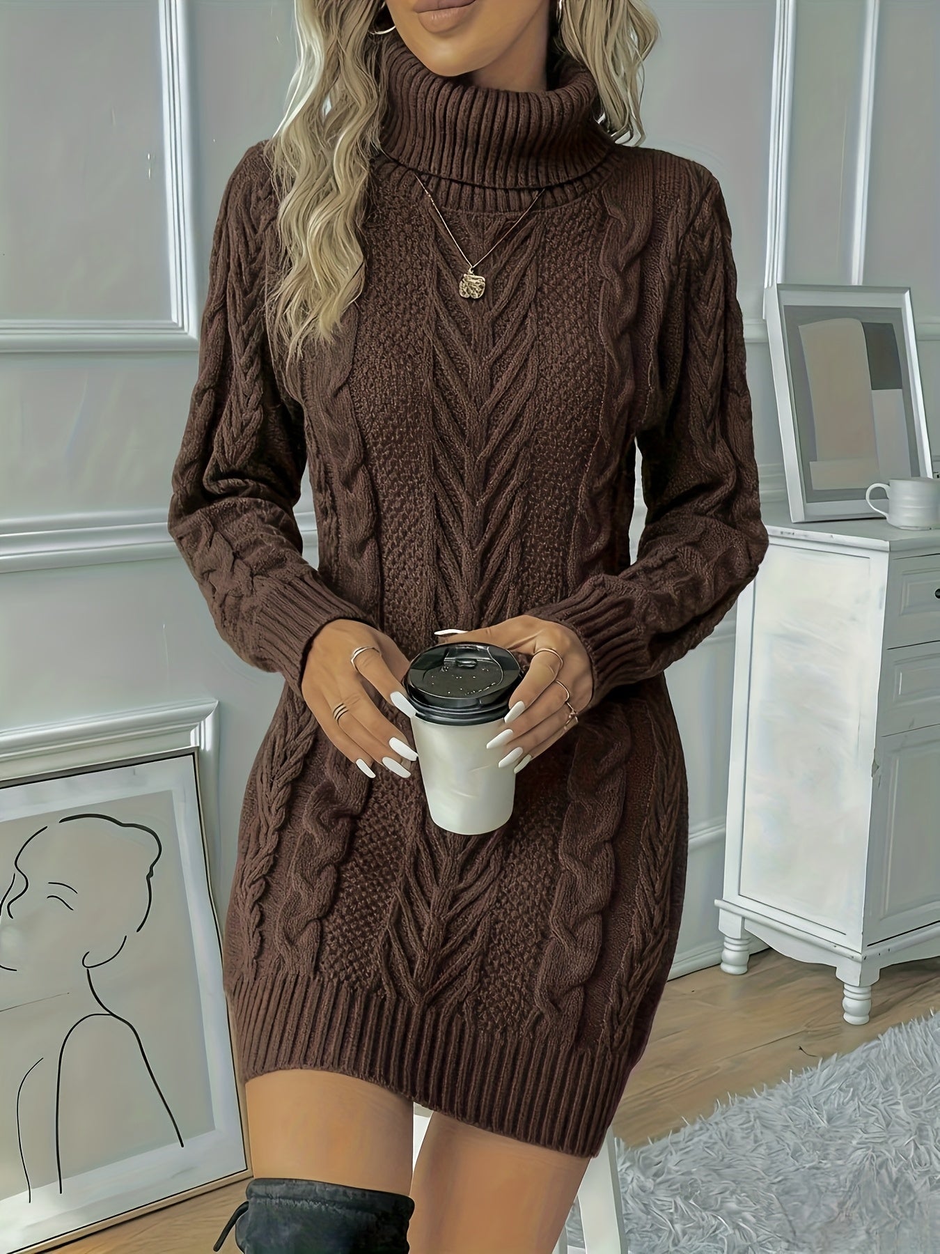 Comfortable Cable Knit Sweater Dress for Women with Turtleneck Long Sleeve Bodycon Mini Style