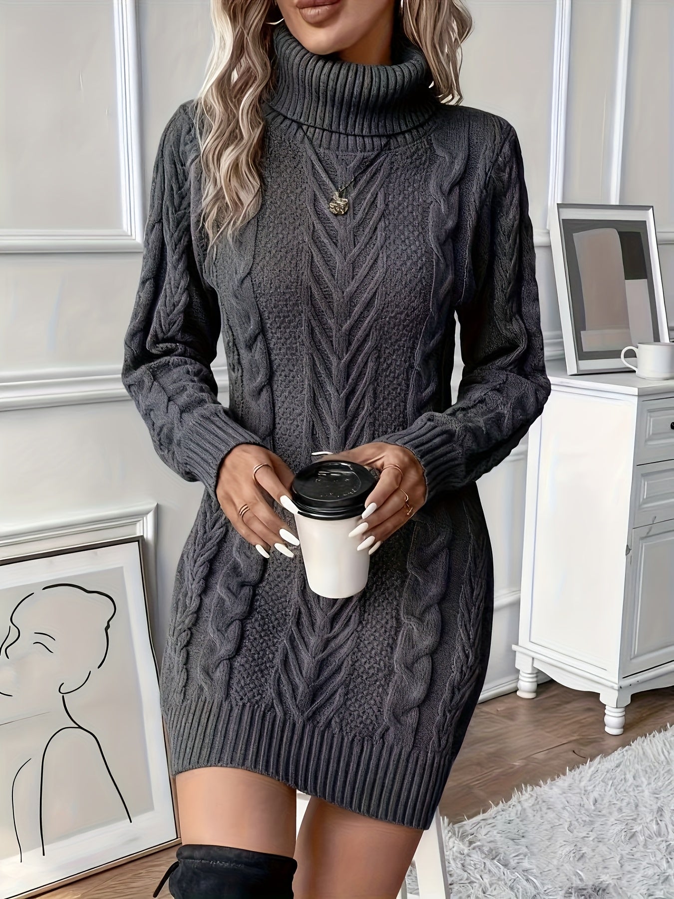 Comfortable Cable Knit Sweater Dress for Women with Turtleneck Long Sleeve Bodycon Mini Style