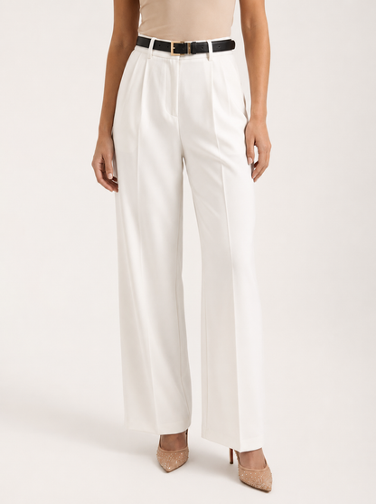 Elegant White Dress Pants for Women with High Waist Pleated Front Wide Leg Tailored Style