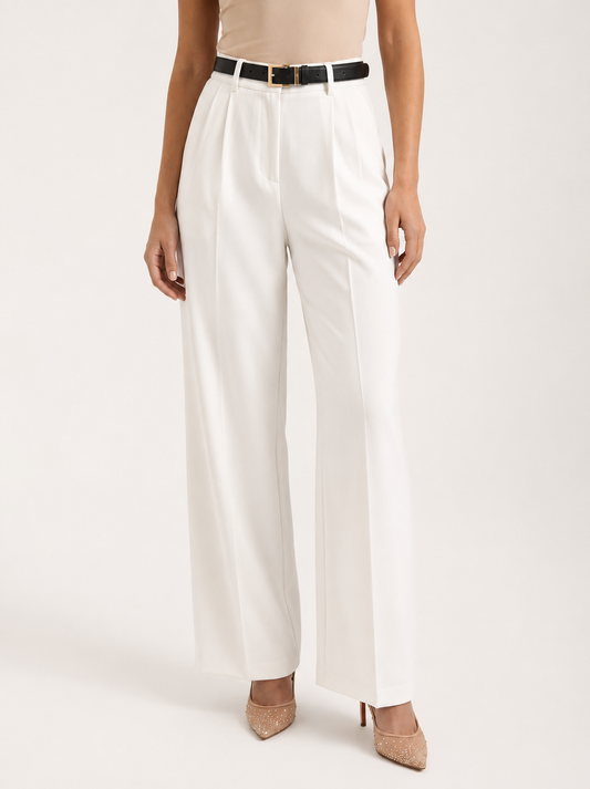 Elegant White Dress Pants for Women with High Waist Pleated Front Wide Leg Tailored Style