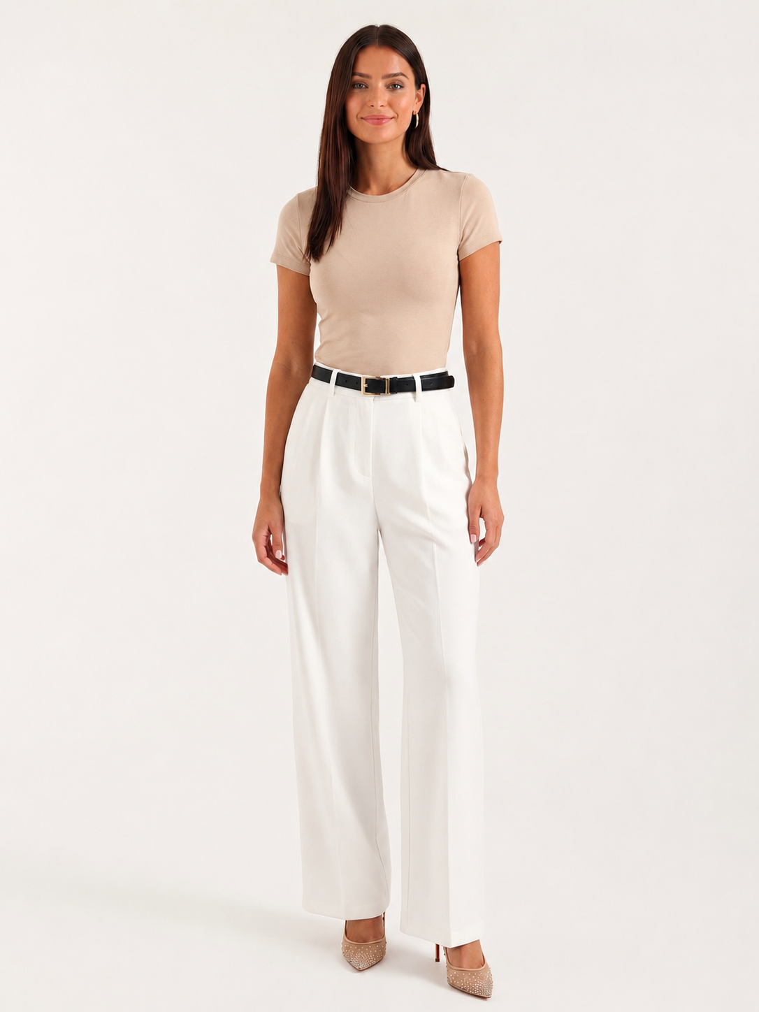 Elegant White Dress Pants for Women with High Waist Pleated Front Wide Leg Tailored Style