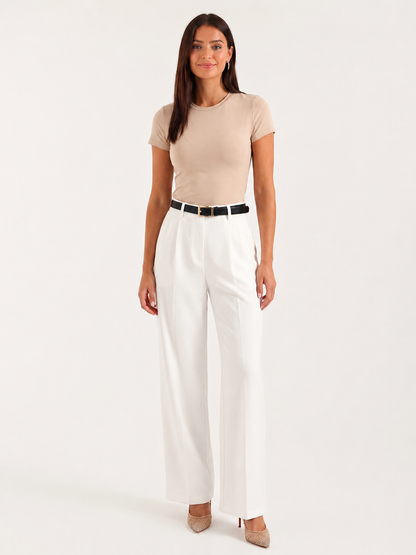 Elegant White Dress Pants for Women with High Waist Pleated Front Wide Leg Tailored Style
