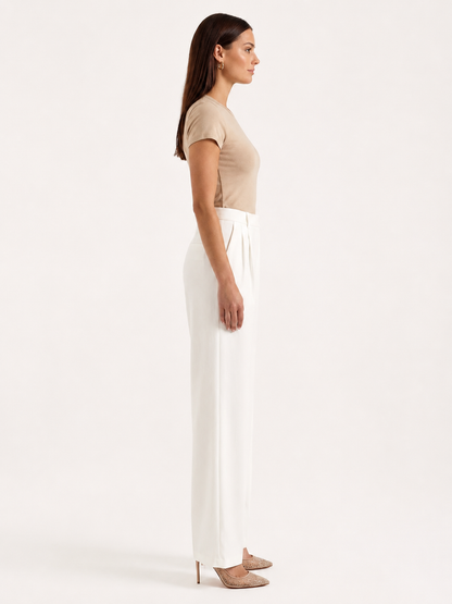 Elegant White Dress Pants for Women with High Waist Pleated Front Wide Leg Tailored Style