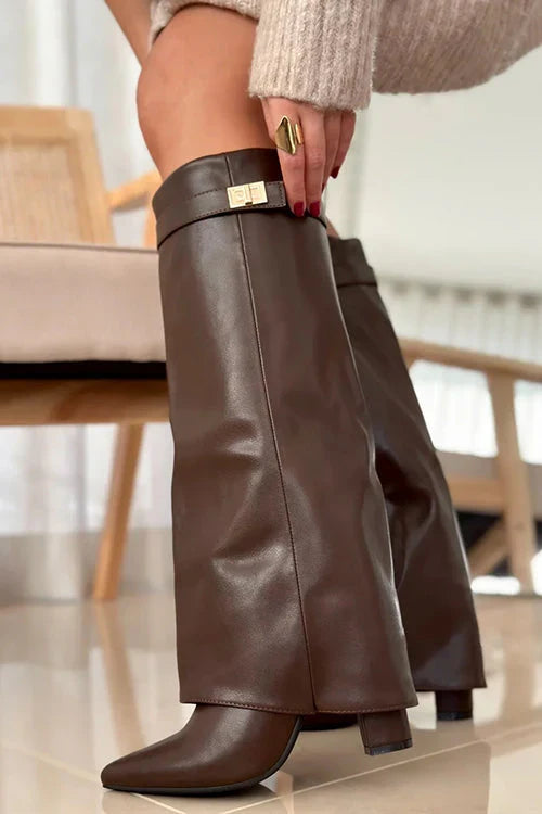 Chic Brown Over The Knee Boots for Women with Pointed Toe Fold Over Zipper Block Heel Style