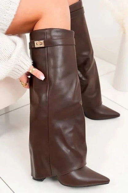 Chic Brown Over The Knee Boots for Women with Pointed Toe Fold Over Zipper Block Heel Style