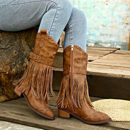 Stylish Brown Cowgirl Boots for Women with Fringe Tassel Studded Buckle Block Heel Western Style