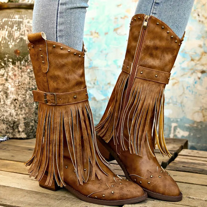 Stylish Brown Cowgirl Boots for Women with Fringe Tassel Studded Buckle Block Heel Western Style