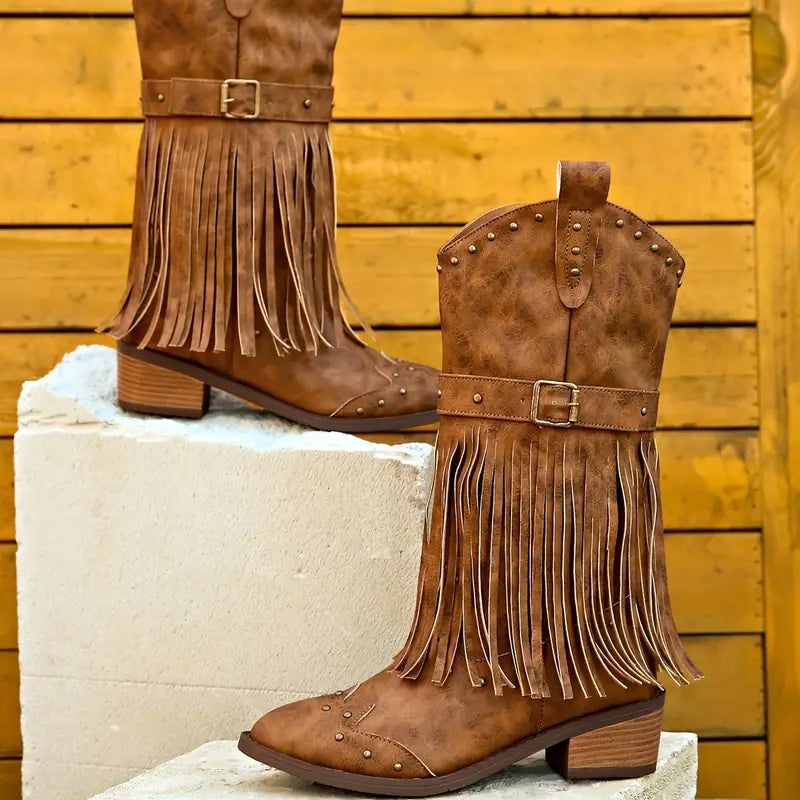 Stylish Brown Cowgirl Boots for Women with Fringe Tassel Studded Buckle Block Heel Western Style