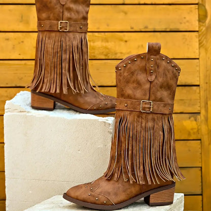 Stylish Brown Cowgirl Boots for Women with Fringe Tassel Studded Buckle Block Heel Western Style