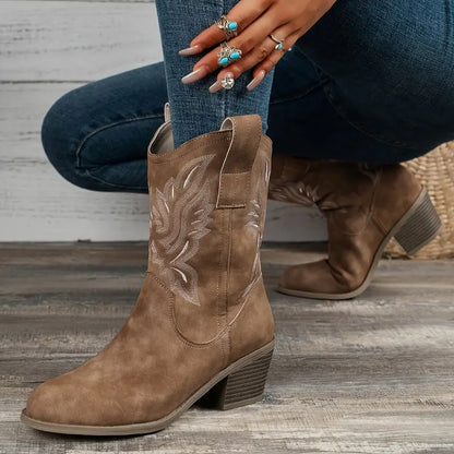 Stylish Brown Cowgirl Boots for Women with Embroidered Ankle Block Heel Pointed Toe Style