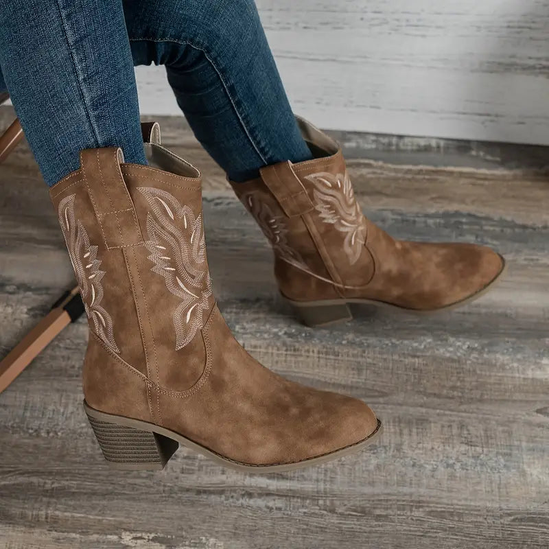 Stylish Brown Cowgirl Boots for Women with Embroidered Ankle Block Heel Pointed Toe Style