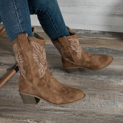 Stylish Brown Cowgirl Boots for Women with Embroidered Ankle Block Heel Pointed Toe Style