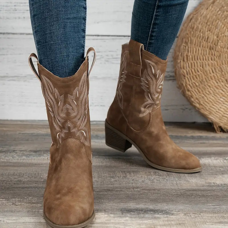 Stylish Brown Cowgirl Boots for Women with Embroidered Ankle Block Heel Pointed Toe Style