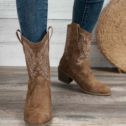 Stylish Brown Cowgirl Boots for Women with Embroidered Ankle Block Heel Pointed Toe Style