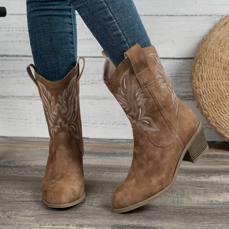 Stylish Brown Cowgirl Boots for Women with Embroidered Ankle Block Heel Pointed Toe Style