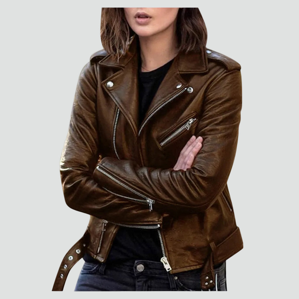 Chic Leather Jacket for Women with Notched Lapel Long Sleeve Asymmetric Zip Moto Biker Style
