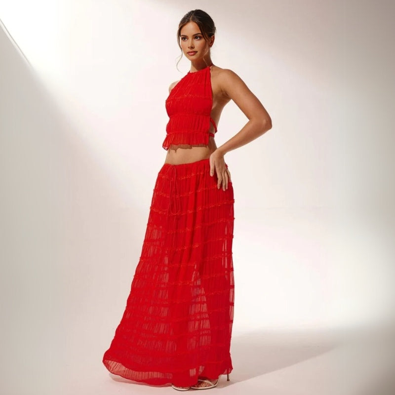 Effortless Textured Two Piece Set for Women with Halter Top Tiered Maxi Skirt Bohemian Style