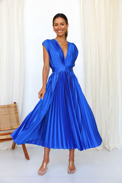 Elegant Pleated Midi Dress for Women with Deep V Neck Formal Wedding Guest Style