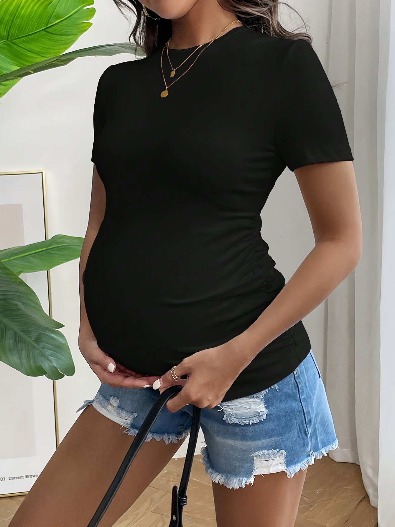 Comfortable Beige Maternity T-Shirt for Women with Crew Neck Short Sleeve Ruched Fitted Style