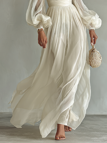 Elegant White Chiffon Maxi Dress for Women with Square Neck Puff Sleeve Ruched Waist Formal Wedding Guest Style
