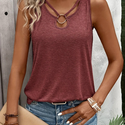 Effortless Heathered Tank Top for Women with Strappy Ring Keyhole Neck Sleeveless Racerback Style