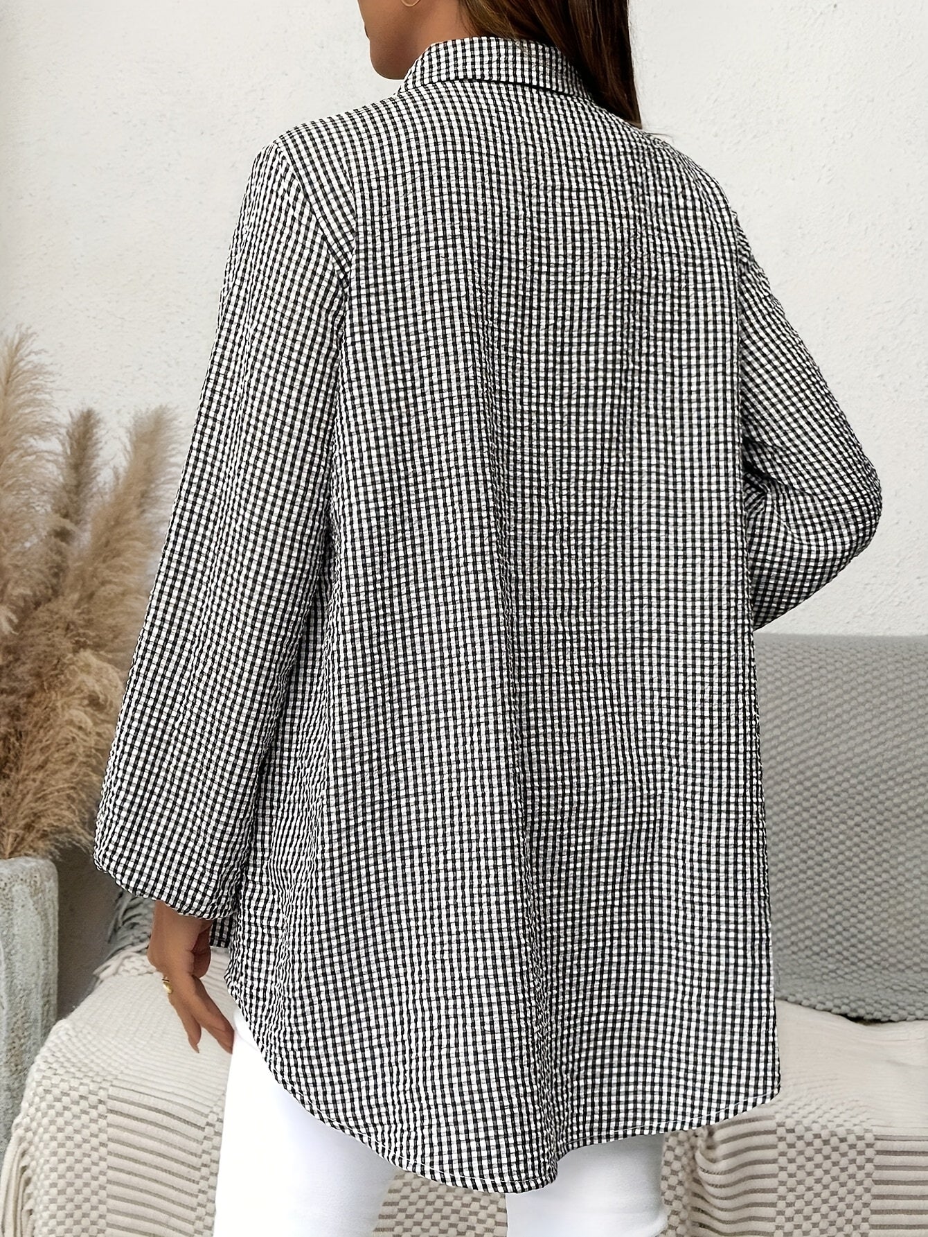 Effortless Gingham Maternity Blouse for Women with Collar Long Sleeve Button Front Babydoll Style