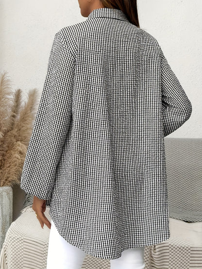 Effortless Gingham Maternity Blouse for Women with Collar Long Sleeve Button Front Babydoll Style