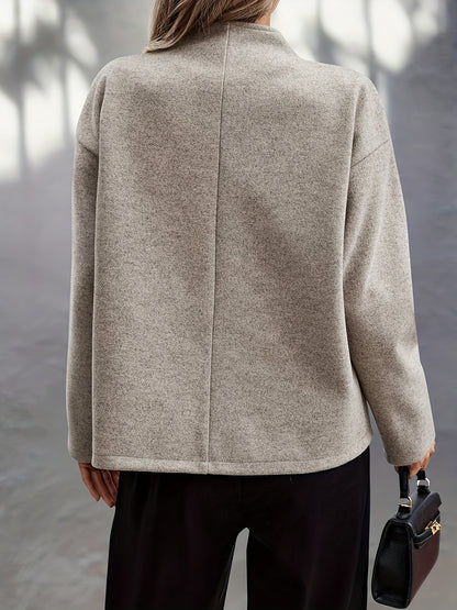 Elegant Apricot Wool Pea Coat for Women with Stand Collar Long Sleeve Double Breasted Oversized Style