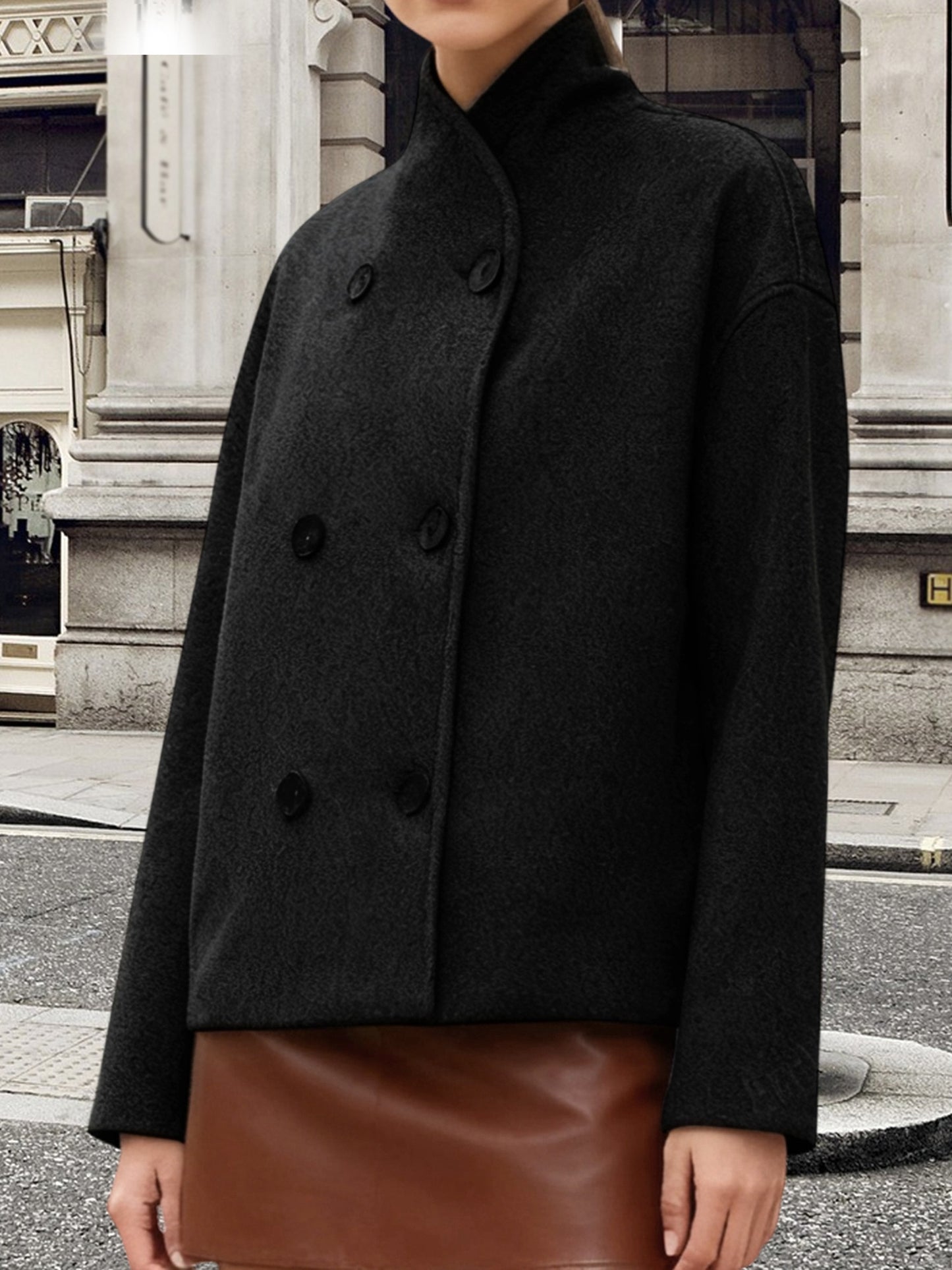 Elegant Wool High Pea Coat for Women with Stand Collar Long Sleeve Double Breasted Cropped Style
