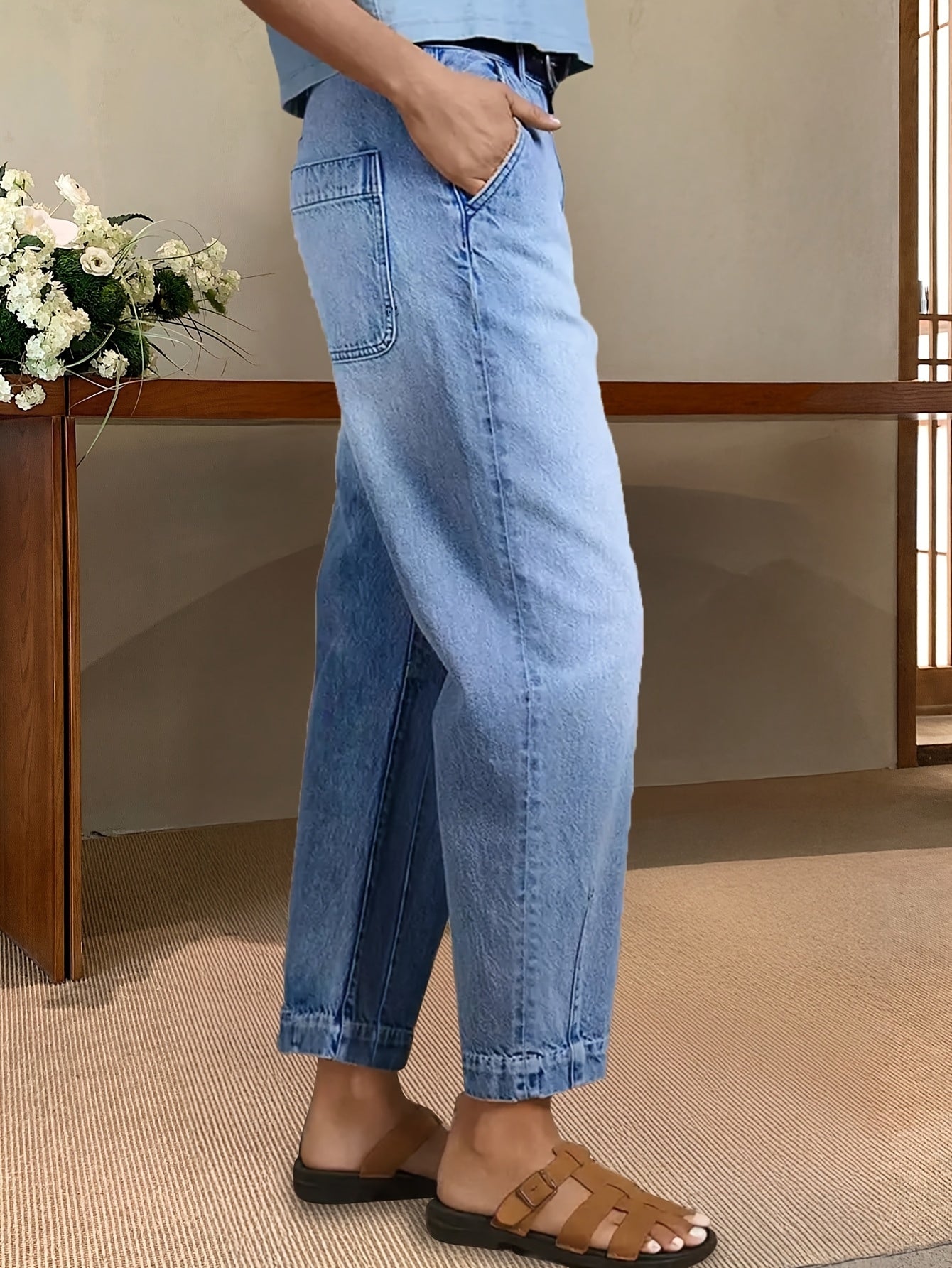 Effortless Light Blue Denim Mom Jeans for Women with High Waist Patch Pocket Tapered Ankle Slit Style