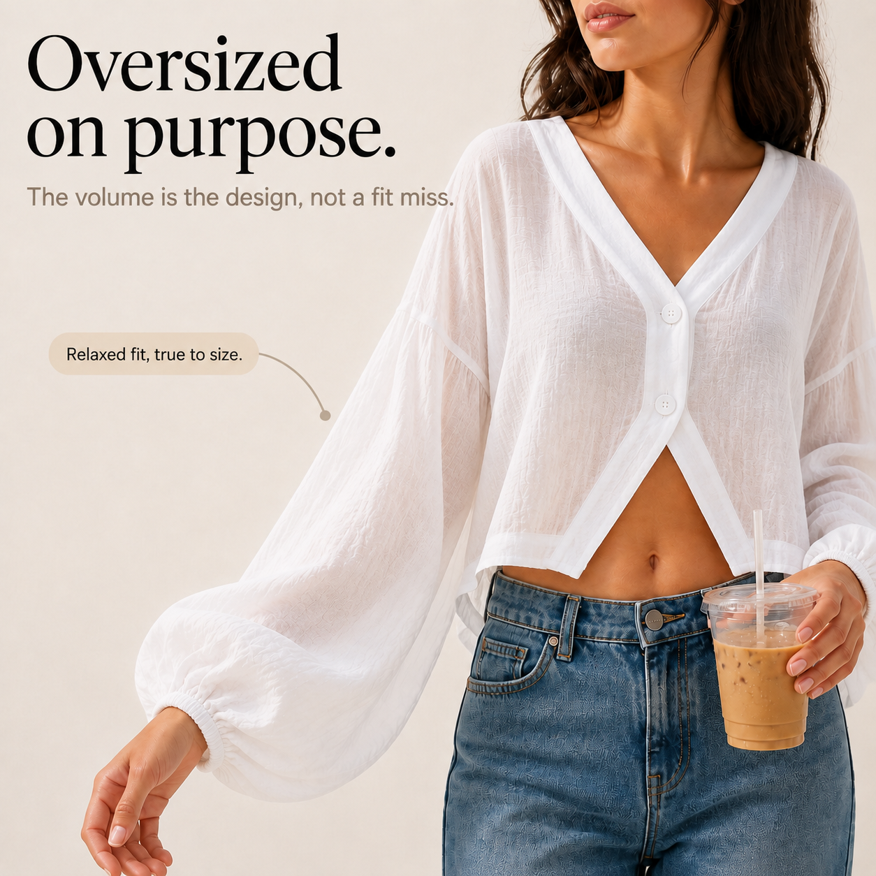 Effortless Linen Blouse for Women with V Neck Balloon Sleeve Button Front Cropped Casual Style