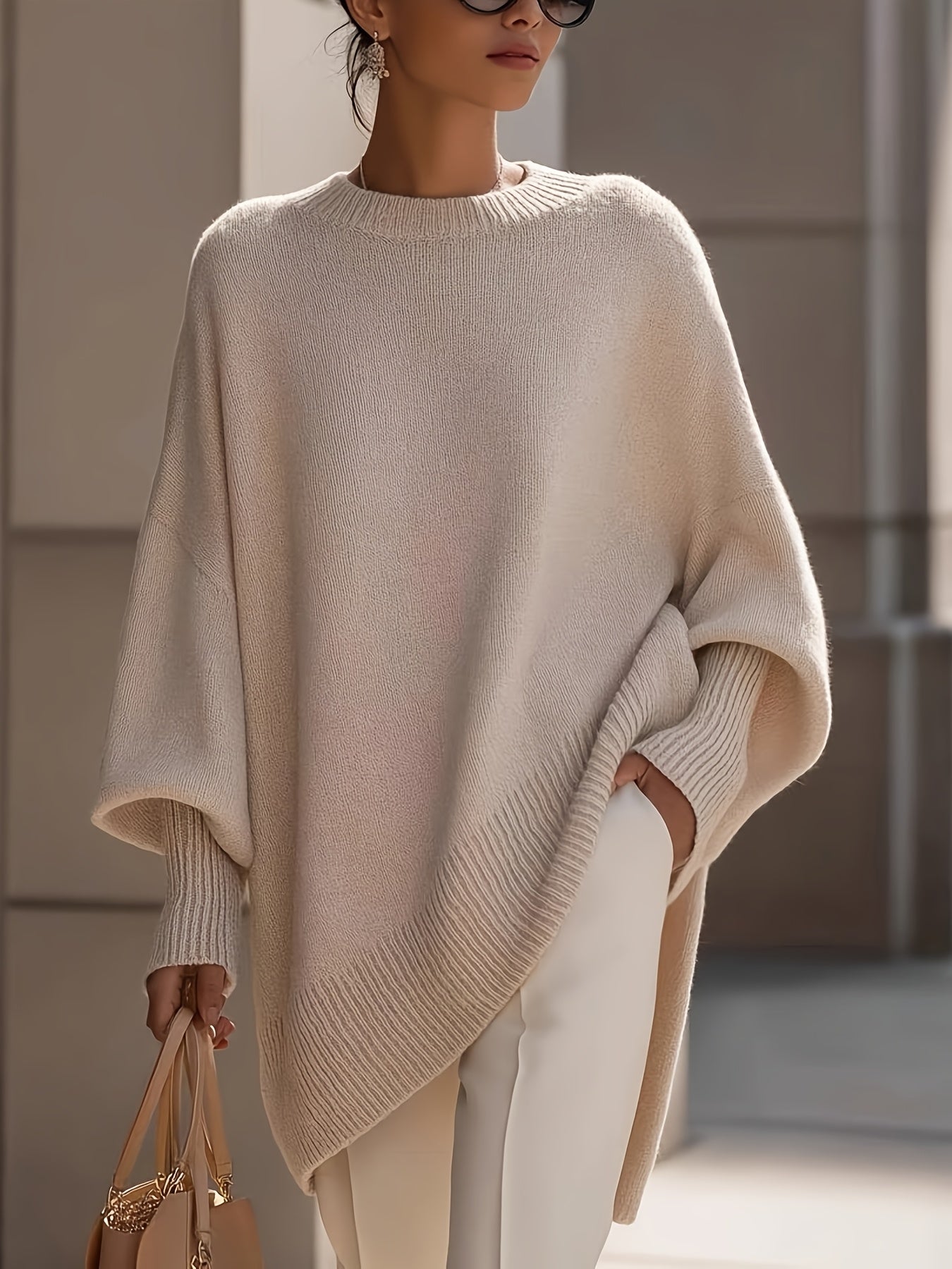 Comfortable Apricot Knit Fall Oversized Sweater for Women with Crew Neck Batwing Sleeve Ribbed Hem Relaxed Style