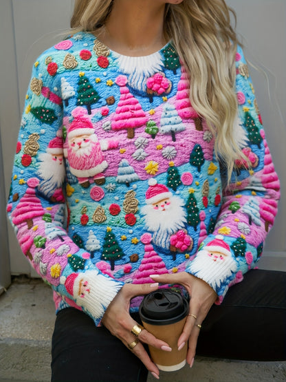 Cozy Christmas Tacky Sweater for Women with Crew Neck Long Sleeve Santa Print Oversized Knit Style