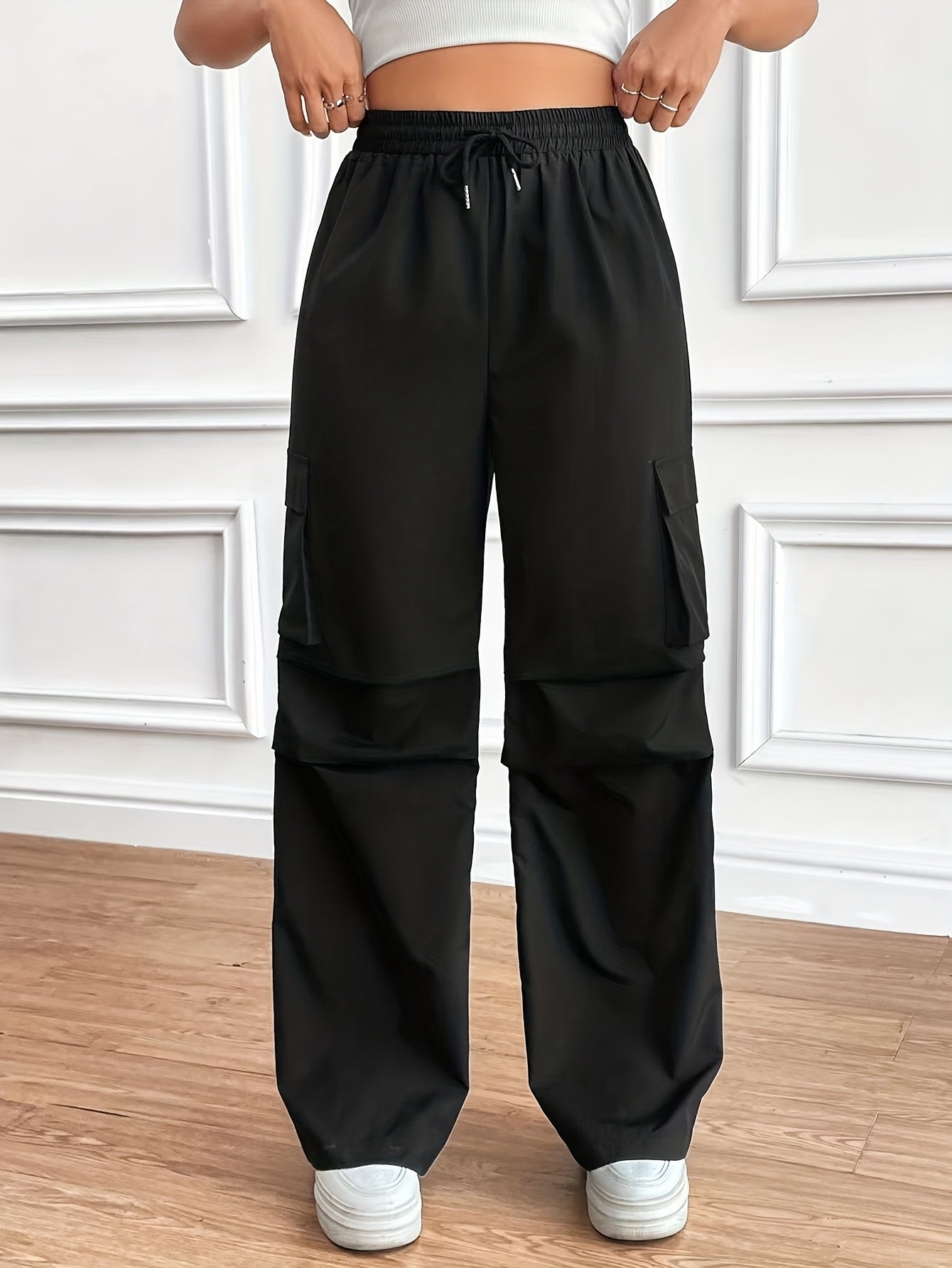 Effortless Black Cargo Pants for Women with High Waist Drawstring Wide Leg Relaxed Style