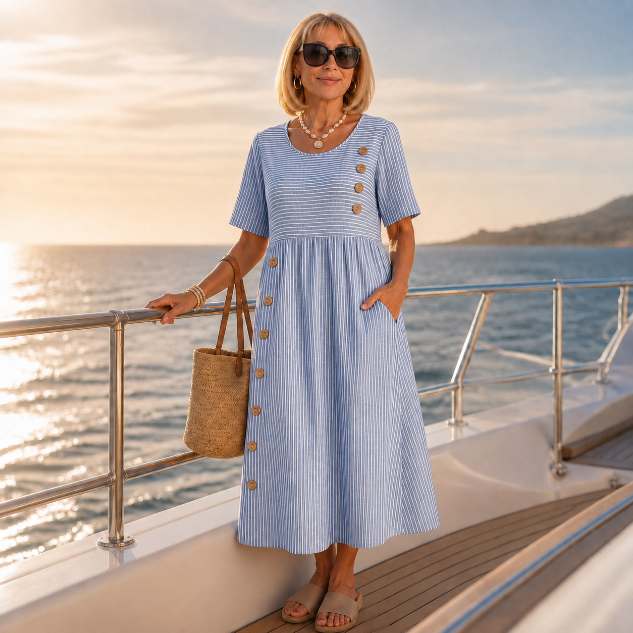 Effortless Striped Linen Midi Dress for Women with Scoop Neck Short Sleeve Button Trim Relaxed Casual Style