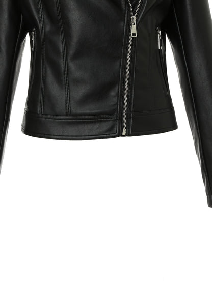 Elegant Leather Moto Jacket for Women with Notch Lapel Asymmetric Zip Front Fitted Style