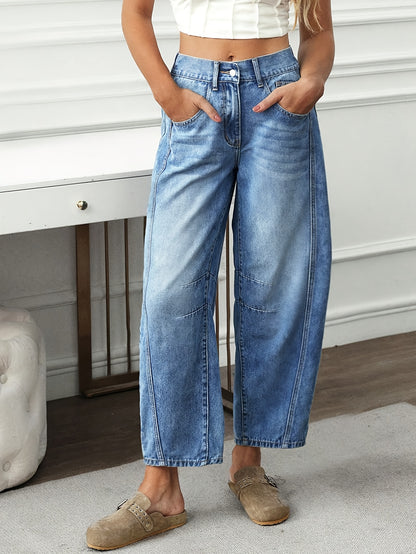 Effortless Light Blue Relaxed Barrel Jeans for Women with High Waist Curved Leg Faded Wash