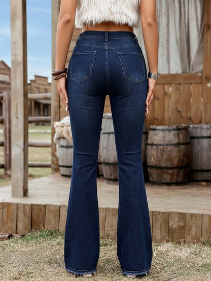 Effortless Deep Blue Flare Jeans for Women with High Waist Raw Hem Bootcut Western Style