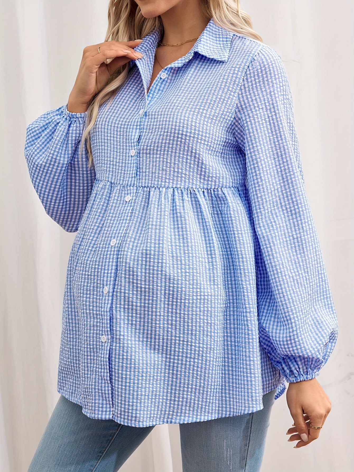 Effortless Gingham Maternity Blouse for Women with Collar Long Sleeve Button Front Babydoll Style
