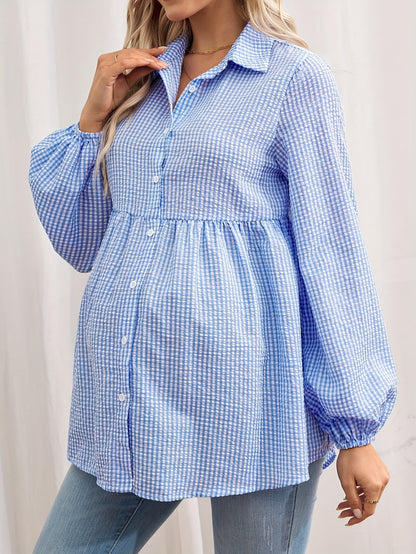 Effortless Gingham Maternity Blouse for Women with Collar Long Sleeve Button Front Babydoll Style