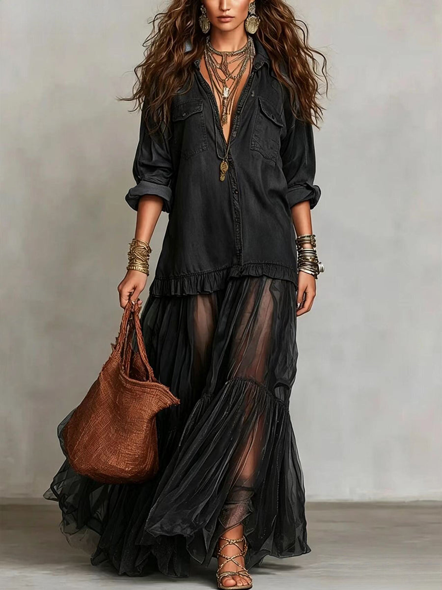 Effortless Maxi Dress for Women with Button-Front Shirt Collar Sheer Tiered Skirt