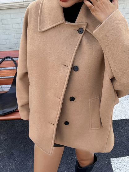 Elegant Khaki Wool Pea Coat for Women with Notched Collar Batwing Sleeve Oversized Button Front Style