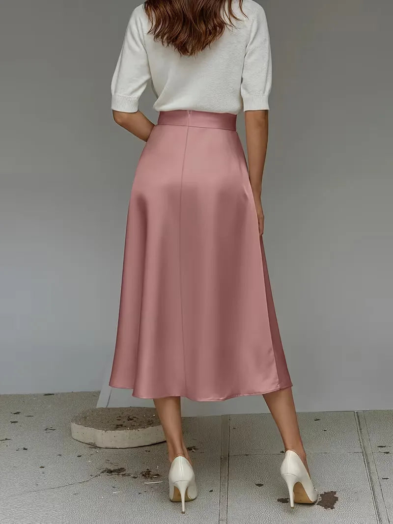 Elegant Satin Midi Skirt for Women with High Waist A Line Pocket Flowing Style