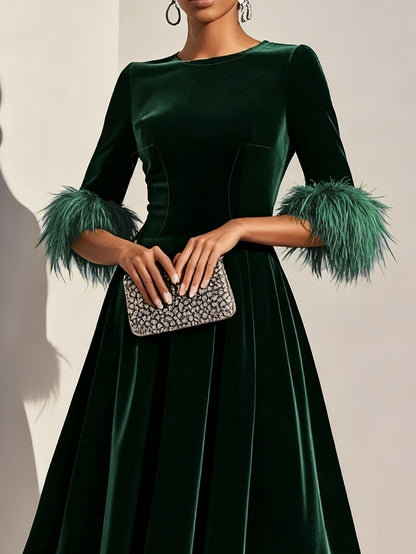 Elegant Velvet Semi Formal Dress for Women with Round Neck Feather Trim Sleeve Fit and Flare Midi Party Style